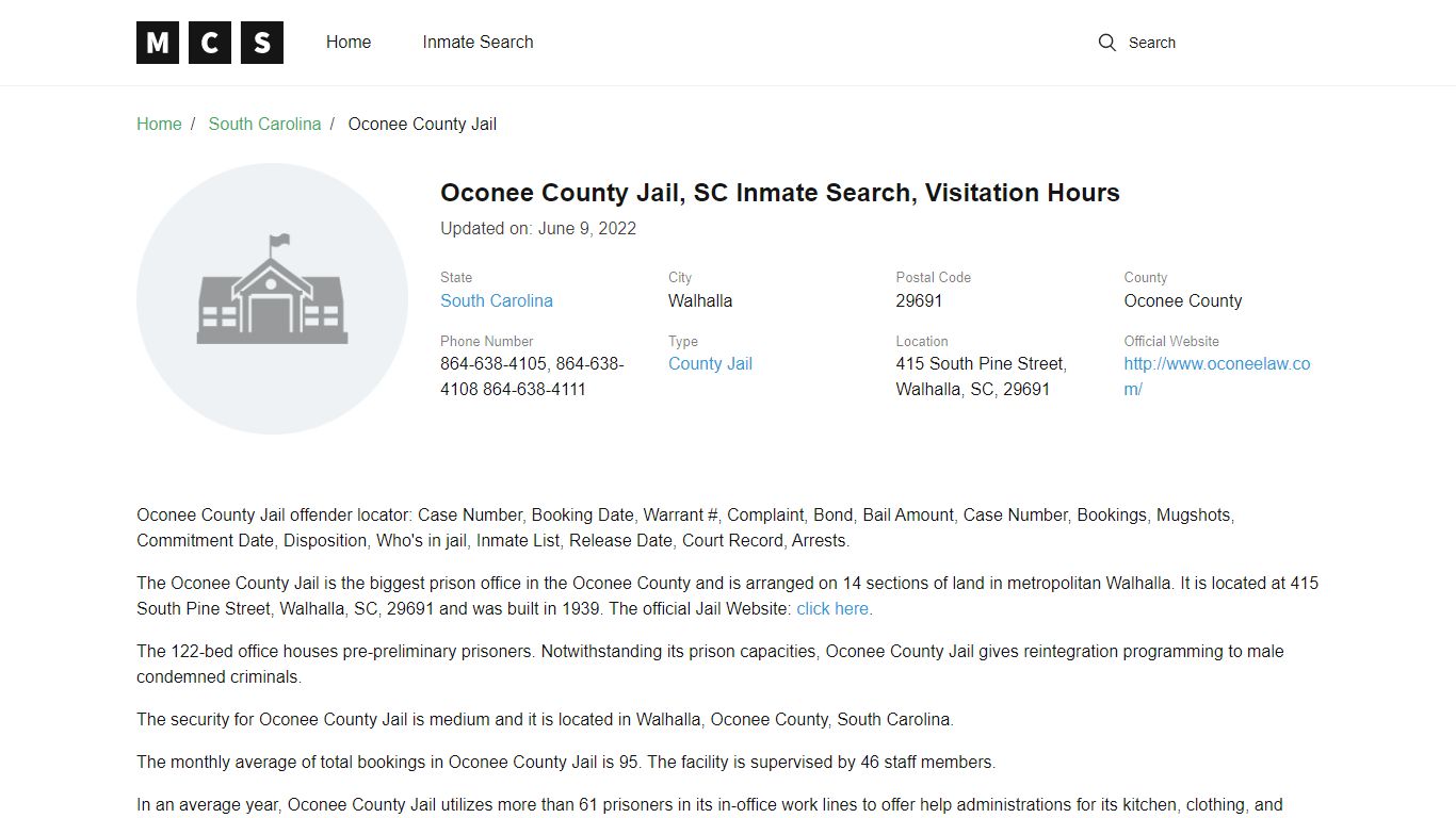Oconee County, SC Jail Inmates Search, Visitation Rules